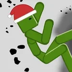 Zielona postać w czapce świątecznej jest unoszona w powietrzu otoczona czarnymi fragmentami na szarym tle