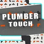 Napis Plumber Touch na szarym tle z niebieskimi rurami i wzorem z pomarańczowych oraz szarych kształtów