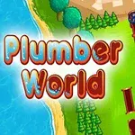 Kolorowa grafika złożona z rurociągu z niebieskimi rurami i terenami zielonymi przy brzegu, z napisem Plumber World