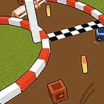 Mały niebieski samochód na torze wyścigowym z kolorowymi barierkami, prostokątne przeszkody i linia mety