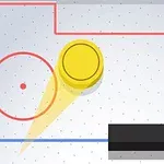 Żółty krążek z cieniem na białym stole z czerwonymi i niebieskimi liniami oraz czerwonymi okręgami