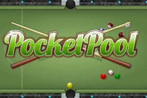 Stół bilardowy z kijami, bilami i napisem Pocket Pool na środku