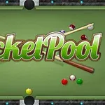 Stół bilardowy z kijami, bilami i napisem Pocket Pool na środku