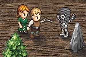 Postacie w stylu pikselowym na drewnianej powierzchni, mężczyzna z nożem, kobieta, postać szkieletu i fragmenty lasu