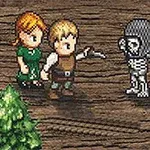 Postacie w stylu pikselowym na drewnianej powierzchni, mężczyzna z nożem, kobieta, postać szkieletu i fragmenty lasu