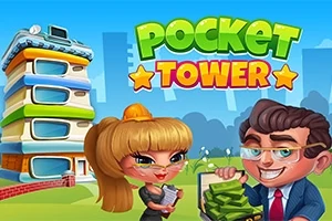 Kobieta i mężczyzna z uśmiechem trzymają pieniądze, na tle kolorowego budynku ze słowami Pocket Tower u góry