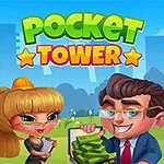 Kobieta i mężczyzna z uśmiechem trzymają pieniądze, na tle kolorowego budynku ze słowami Pocket Tower u góry