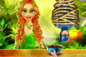 Postać z długimi czerwonymi włosami ozdobionymi liśćmi w zielonej sukni stoi obok ściśle związanego i wiszącego do góry nogami mężczyzny w masce, obok znajduje się miska z robakami na stole