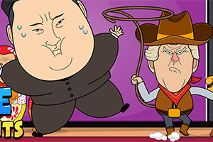 Dwóch kreskówkowych bohaterów, jeden w stroju kowboja z lassem, a drugi w ciemnym stroju z przerażonym wyrazem twarzy