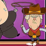 Dwóch kreskówkowych bohaterów, jeden w stroju kowboja z lassem, a drugi w ciemnym stroju z przerażonym wyrazem twarzy