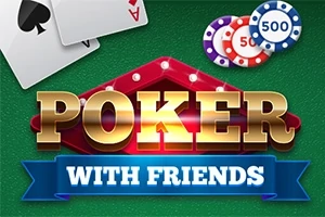 Karty do gry, żetony pokerowe i napis Poker With Friends na zielonym tle