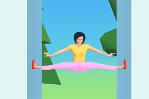 Postać o ciemnych włosach w żółtej koszulce i różowych spodniach robi szpagat między dwoma ścianami na tle nieba i drzew