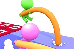 Zielona postać trzyma pomarańczowe zakrzywione drzewo nad różową postacią na kolorowym tle z kwadratowymi wzorami