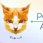 Niskopoligonowy portret kota z napisem POLY ART na jasnym tle