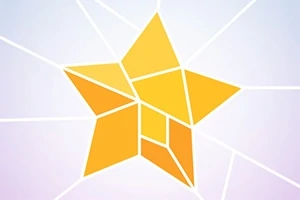 Żółta gwiazda złożona z geometrycznych, nieregularnych kształtów na jasnym tle