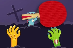 Na obrazku znajdują się kolorowe zniekształcone ręce wyciągające się z ciemnego tła, trzymające dużą paletkę do ping-ponga, w tle krzyż