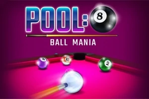 Stół bilardowy z kolorowymi bilami na fioletowym tle, z widocznym tekstem Pool: Ball Mania
