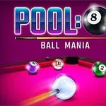 Stół bilardowy z kolorowymi bilami na fioletowym tle, z widocznym tekstem Pool: Ball Mania