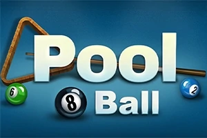 Logo z dużym napisem Pool Ball na niebieskim tle, z trzema bilami i trójkątnym kijem bilardowym