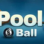 Logo z dużym napisem Pool Ball na niebieskim tle, z trzema bilami i trójkątnym kijem bilardowym