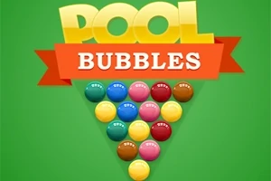 Kolorowe kulki ułożone w trójkąt na zielonym tle z napisami Pool Bubbles