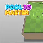 Stół bilardowy z zielonym suknem, kijem, dwoma bilami i trójkątem ustawionym na stole, z kolorowym napisem Pool 3D Master po lewej stronie