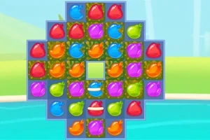 Kolorowe żelki w różnych kształtach ułożone w formę krzyża na tle jasnego krajobrazu