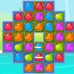 Kolorowe żelki w różnych kształtach ułożone w formę krzyża na tle jasnego krajobrazu