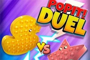 Żółta gumowa kaczuszka i czerwona gwiazda z oczami na tle z fioletowym gradientem przedstawione w dynamicznej rozgrywce z napisem POPIT!