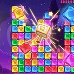 Kolorowe klocki w różnych kształtach z młotkiem w centrum na tle nocnego nieba i zamku