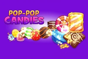 Kolorowe cukierki i słodycze na fioletowym tle z napisem POP-POP CANDIES