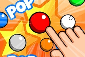 Ręka wskazuje palcem na czerwoną kulkę w otoczeniu kolorowych kulek i napisu POP na pomarańczowym tle z gwiazdkami
