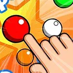 Ręka wskazuje palcem na czerwoną kulkę w otoczeniu kolorowych kulek i napisu POP na pomarańczowym tle z gwiazdkami