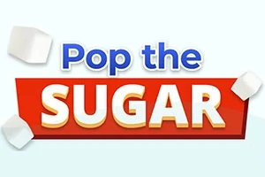 Napis Pop the Sugar na czerwonym tle z kostkami cukru wokół