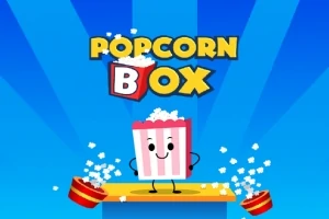 Uśmiechnięte pudełko popcornu z popcornem dookoła, na tle niebieskich promieni z napisem POPCORN BOX