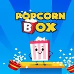 Uśmiechnięte pudełko popcornu z popcornem dookoła, na tle niebieskich promieni z napisem POPCORN BOX