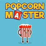 Niebieskie tło z napisem Popcorn Master powyżej uśmiechniętej czerwono-białej postaci kubka popcornu