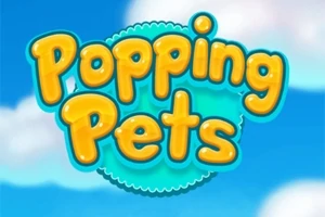 Żółty napis Popping Pets na tle jasnoniebieskiego nieba z białymi chmurami