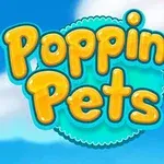 Żółty napis Popping Pets na tle jasnoniebieskiego nieba z białymi chmurami