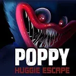 Niebieska postać z szerokim czerwonym uśmiechem i ostrymi zębami na ciemnym tle