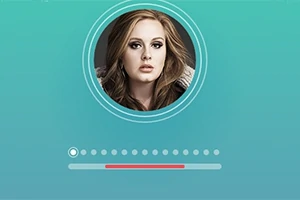 Osoba na tle niebiesko-zielonym z okrągłym zdjęciem profilowym i paskiem postępu poniżej