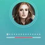 Osoba na tle niebiesko-zielonym z okrągłym zdjęciem profilowym i paskiem postępu poniżej