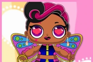 Postać z dużymi oczami i kolorowymi skrzydłami motyla na różowym tle