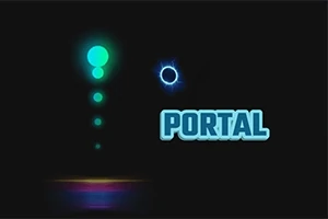 Świecący niebiesko-zielony okrąg z efektami świetlnymi i napis PORTAL na czarnym tle