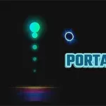 Świecący niebiesko-zielony okrąg z efektami świetlnymi i napis PORTAL na czarnym tle