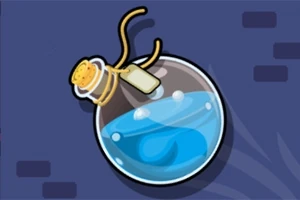 Szklana fiolka z korkiem wypełniona niebieskim płynem, na ciemnoniebieskim tle z geometrycznymi kształtami