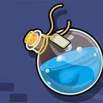 Szklana fiolka z korkiem wypełniona niebieskim płynem, na ciemnoniebieskim tle z geometrycznymi kształtami