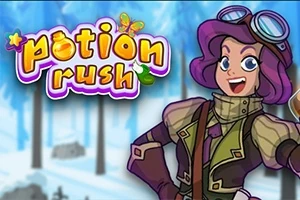 Postać z fioletowymi włosami i goglami na tle zimowego lasu w pobliżu napisu „potion rush”