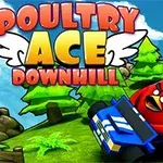 Czerwony ptak kieruje niebieskim samochodem z chmurą dymu w tle na tle zielonych drzew i wzgórz, z kolorowym napisem u góry