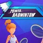 Dwie postacie grające w badmintona, trzymające rakiety, na tle niebiesko-fioletowych odcieni z napisem Power Badminton